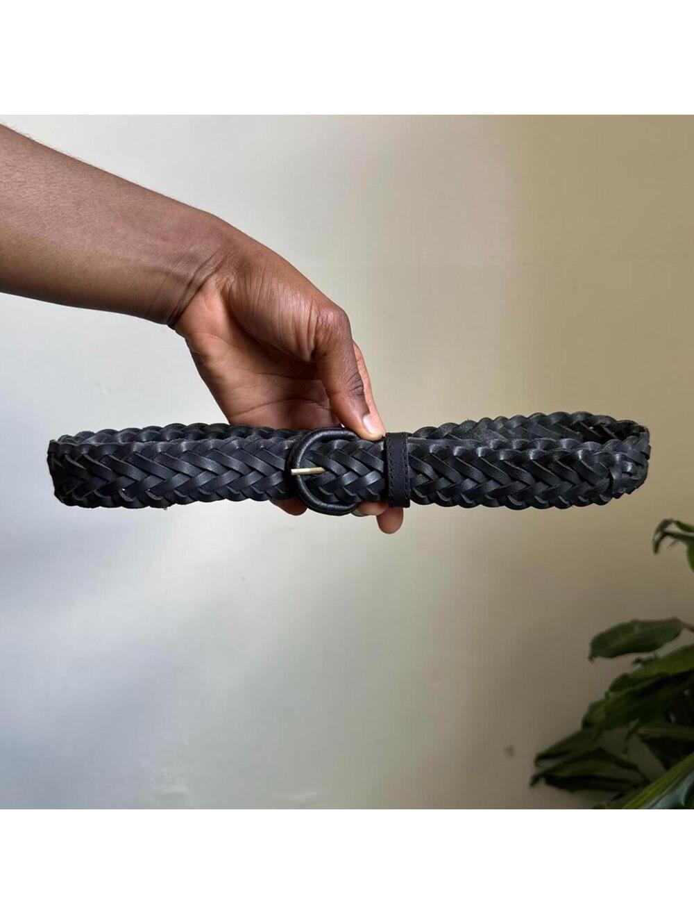 Vintage 90s Venezia Chunky Woven Black Leather Belt Size 26-28 fits L-XL